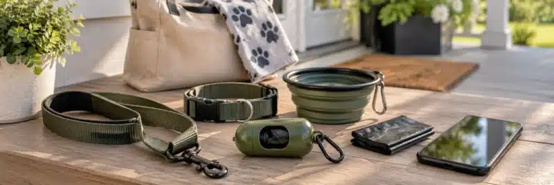 Basic dog walking starter kit with a leash, waste bags, and water bowl