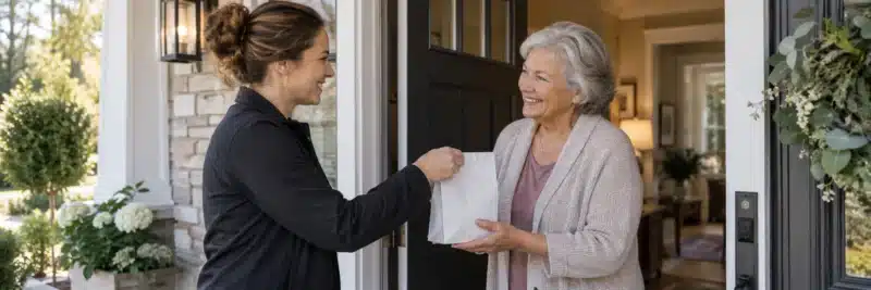 Person delivering a prescription to an older client as a recurring errand