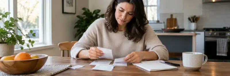 Person organizing receipts after running errands for a client