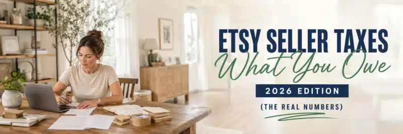 Woman calculating Etsy seller taxes at a home workspace with packing materials