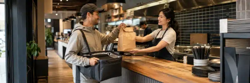 Person picking up a food delivery order to deliver as a side hustle