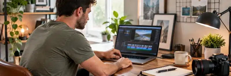 Man editing video footage as a freelance side hustle