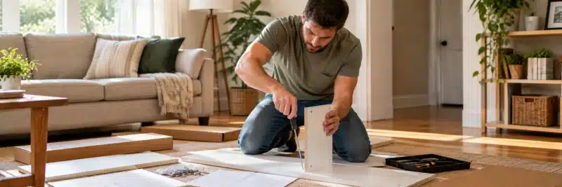 Man assembling flat-pack furniture as a side hustle