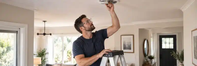 Person safely using a ladder to repair a light fixture