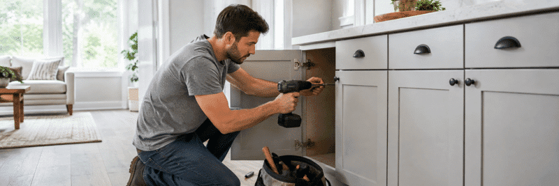 Person using a drill to repair a kitchen cabinet as part of handyman work