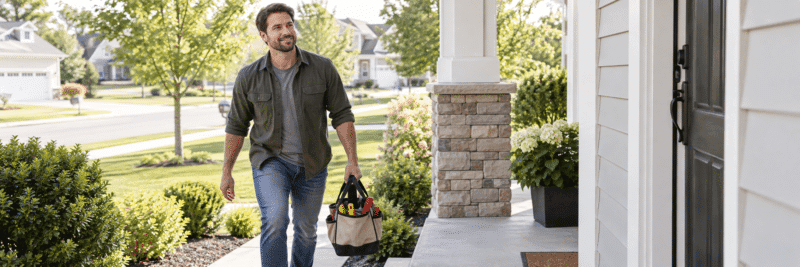 Person arriving at a client's home with a tool bag to start a handyman job