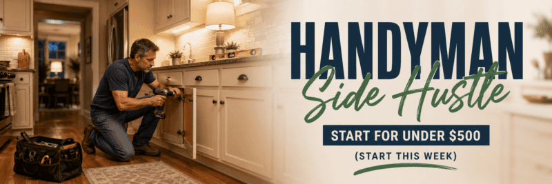 Man fixing a kitchen cabinet with a drill while starting a handyman side hustle