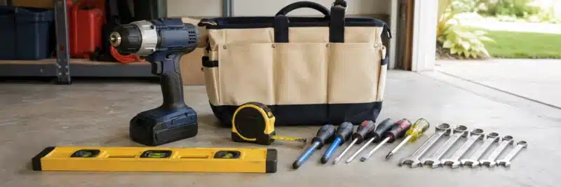 Basic handyman starter tool kit with drill, hand tools, and tool bag