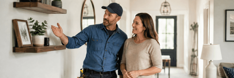 Handyman and satisfied homeowner reviewing a completed repair