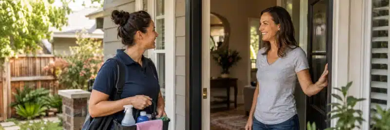 Cleaner and satisfied client talking after a completed house cleaning job