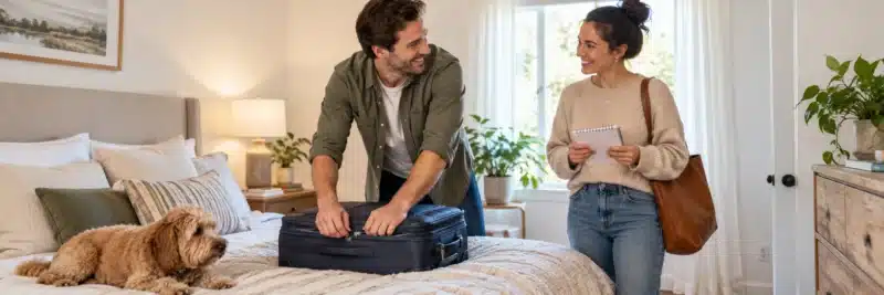 Homeowner packing for a trip while briefing their house sitter