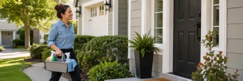 Person arriving at a client's home to start a house cleaning job