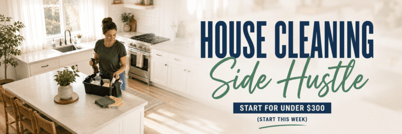 Woman with cleaning caddy starting a house cleaning side hustle in a bright kitchen