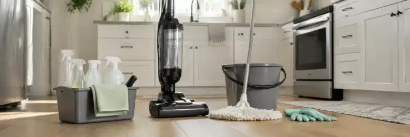 Basic house cleaning starter kit with caddy, vacuum, and supplies