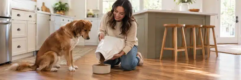 Person feeding a pet as part of a house sitting job