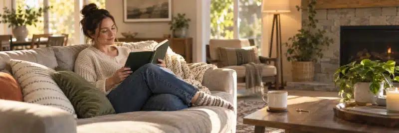 Person relaxing in a client's living room while house sitting