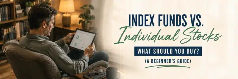 Man comparing index funds vs individual stocks on his laptop