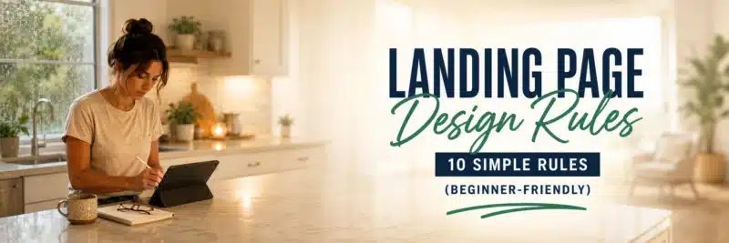 Woman designing a landing page layout on a tablet at a kitchen counter, working through landing page design rules for her lead magnet