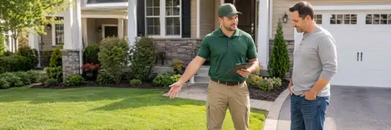 Person giving a homeowner a free lawn care estimate