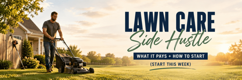 Man mowing a lawn while starting a lawn care side hustle in his neighborhood