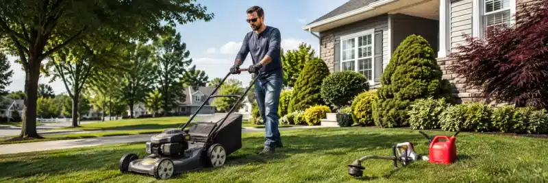 Person mowing a lawn as part of a lawn care side hustle