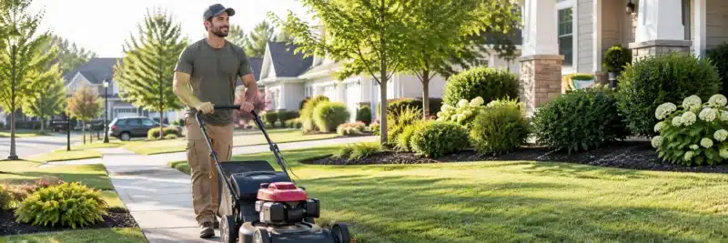 Person pushing a lawn mower to start a lawn care side hustle job