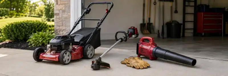 Basic lawn care starter equipment including a mower, trimmer, and blower