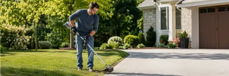 Person using a string trimmer to edge a lawn as part of lawn care work