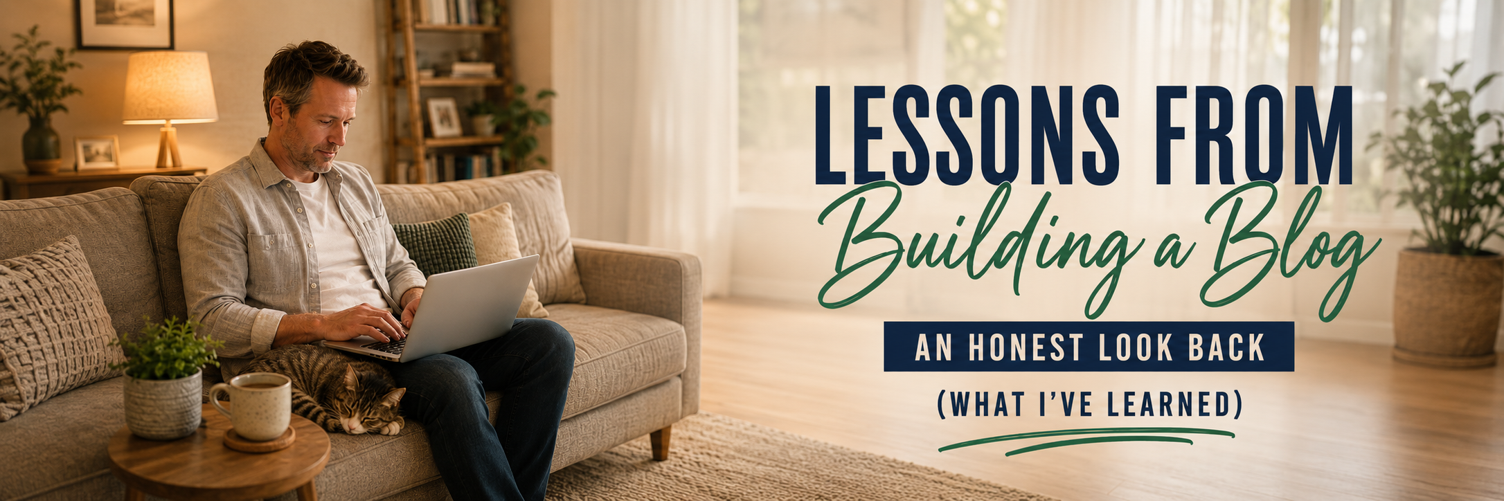 Man reflecting on lessons from building a blog while writing on a laptop at home in the evening