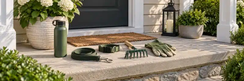 Leash, rake, and gloves arranged for local neighborhood side hustle jobs