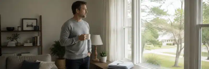 Person reflecting on a long-term investing goal at home