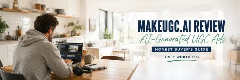 MakeUGC.ai review: man reviewing AI-generated UGC video ads on a laptop