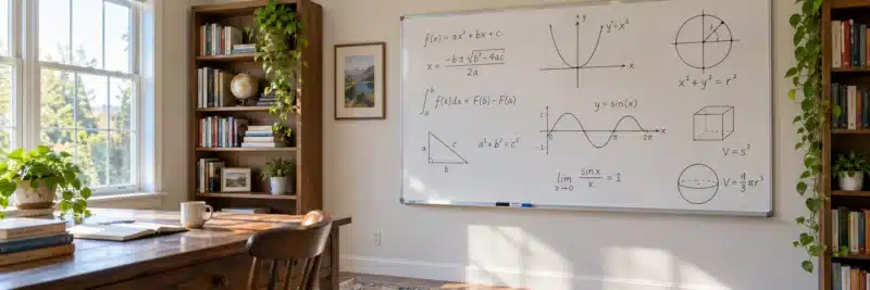 Whiteboard with math equations used during a tutoring session