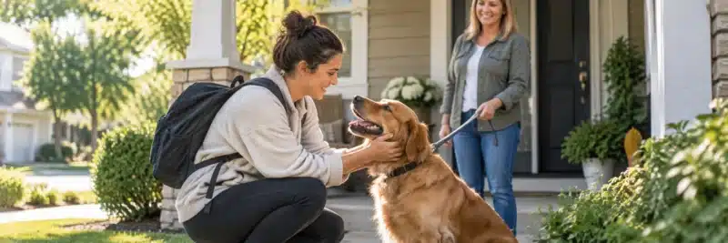Person meeting a new client's dog for the first time
