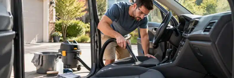 Man detailing a car's interior as a mobile side hustle