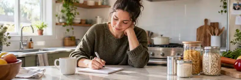 Person meal planning at home during a no-spend savings challenge