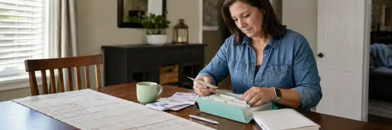 Person organizing paper coupons before a grocery shopping trip