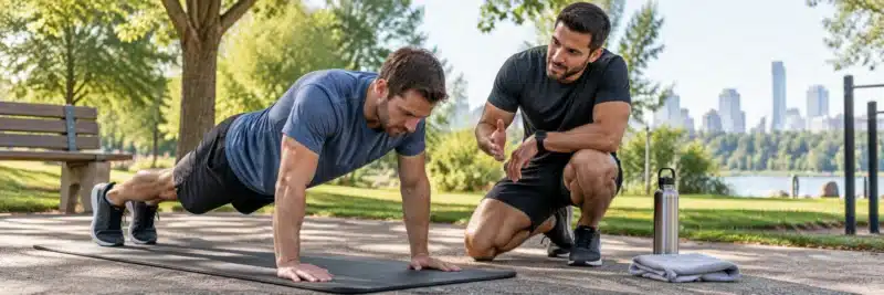 Man leading a personal training session with a client outdoors