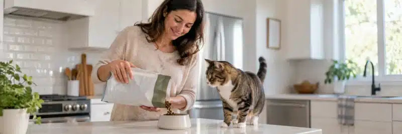 Person feeding a cat during a quick pet-sitting drop-in visit