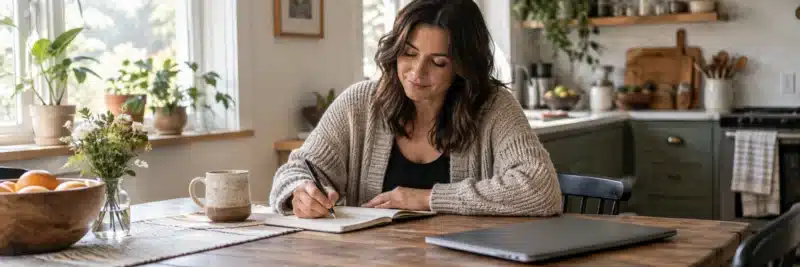Person calmly planning their first side hustle offer at home
