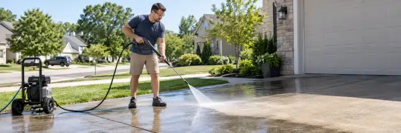 Man pressure washing a driveway as a side hustle