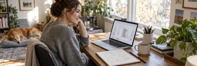 Person reviewing a print-on-demand product design on a laptop