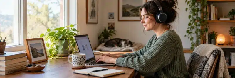 Person working quietly and independently at a home desk