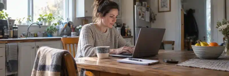 Person running a location-independent business from an ordinary kitchen table