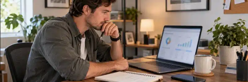 Person researching an individual company's stock before investing
