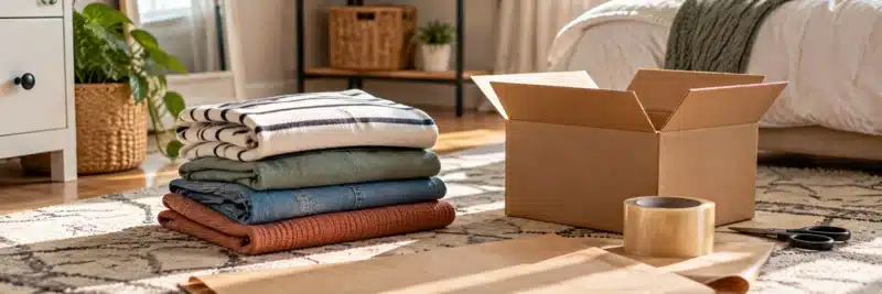 Folded clothing and shipping supplies for a reselling side hustle