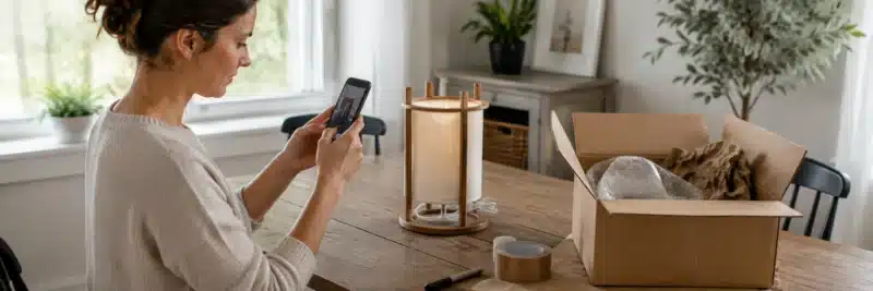 Person photographing and packaging an unused item to resell online