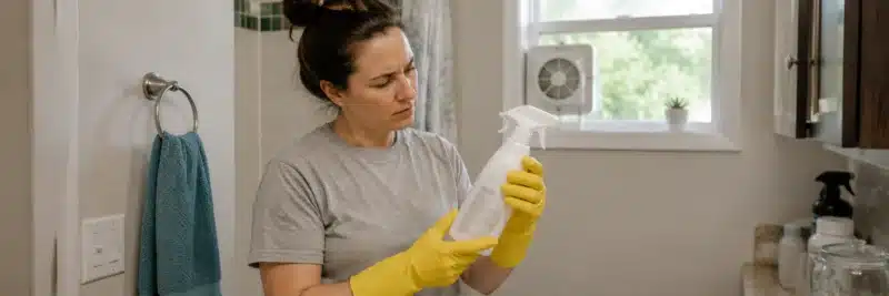Person safely using cleaning products with gloves and reading the label