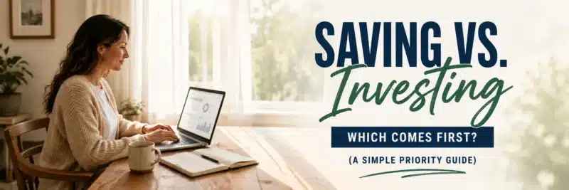 Woman weighing saving vs investing decisions with a notebook and calculator