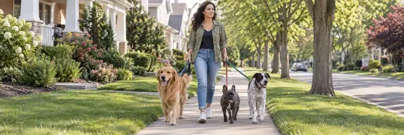 Person walking multiple dogs as their dog walking business grows